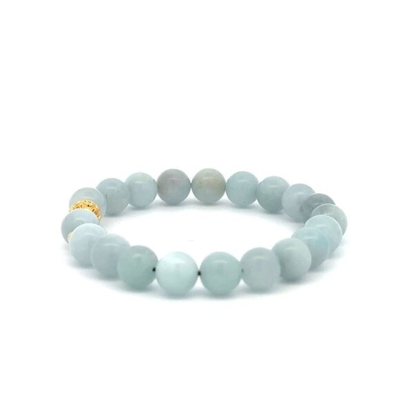 18K Gold Money Ball Lucky Charm Beads Bracelet Gemstones Aquamarine 8mm - Picture 4 of 9